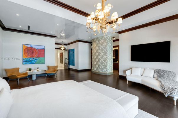 Bedroom, Chandelier, Interior, Recessed Lighting, Wood Texture Flooring