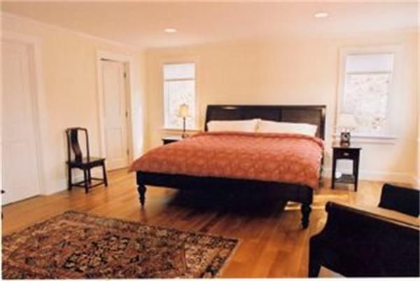 Interior, Bedroom, Wood Texture Flooring, Recessed Lighting, Fireplace