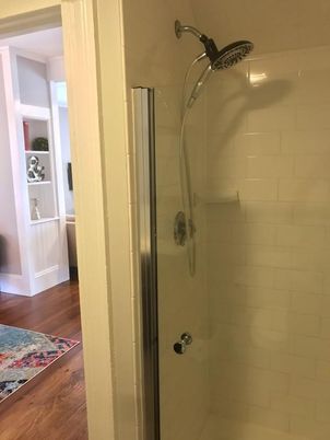 Bathroom, Glass Shower, Interior, Wood Texture Flooring
