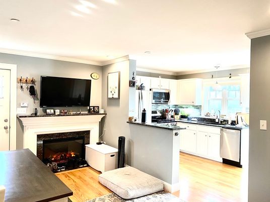 Fireplace, Interior, Kitchen, Pendant Lights, Recessed Lighting, Stainless Steel Appliances, Wood Texture Flooring