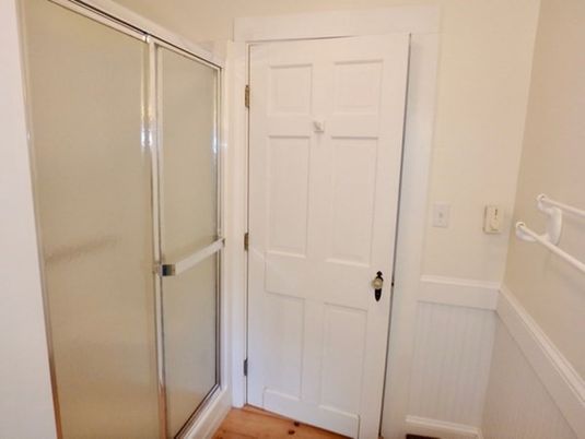 Interior, Bathroom, Wood Texture Flooring, Glass Shower, Ceramic Tile
