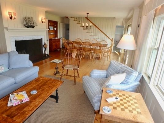 Interior, Wood Texture Flooring, Living room, Dining room, Fireplace, Chandelier, Pendant Lights