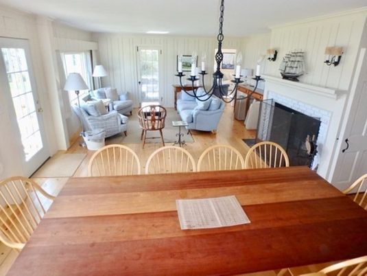 Interior, Wood Texture Flooring, Living room, Dining room, Fireplace, Chandelier, Pendant Lights