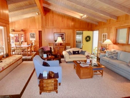 Interior, Living room, Dining room, Wooden Beams, Wooden Ceilings, Chandelier, Wooden Walls