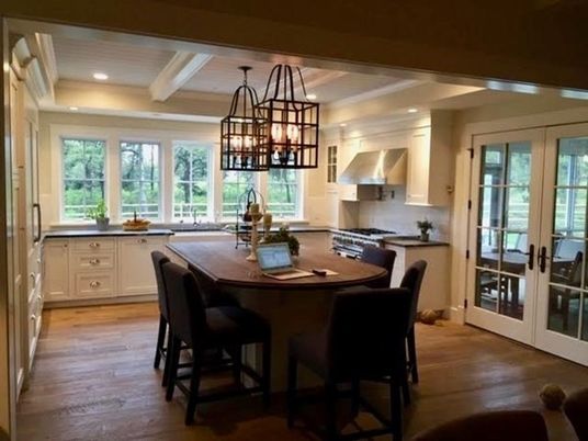 Interior, Kitchen, Wood Texture Flooring, Recessed Lighting, Dining room, Wooden Beams, Chandelier, Stainless Steel Appliances