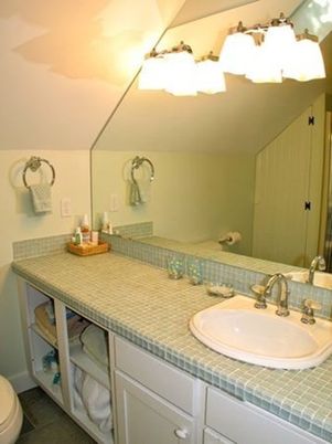 Interior, Bathroom, Glass Shower, Tile Countertops, Ceramic Tile, Dual Sink Vanities