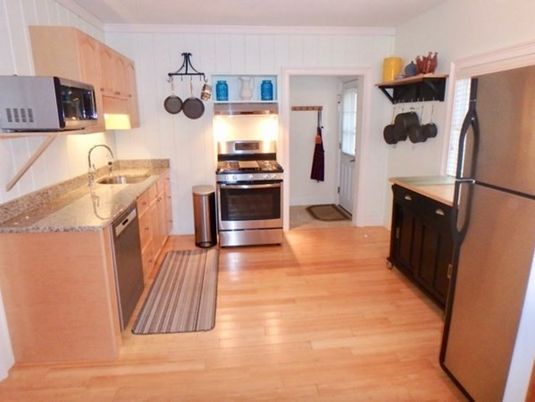 Interior, Kitchen, Wood Texture Flooring, Stainless Steel Appliances
