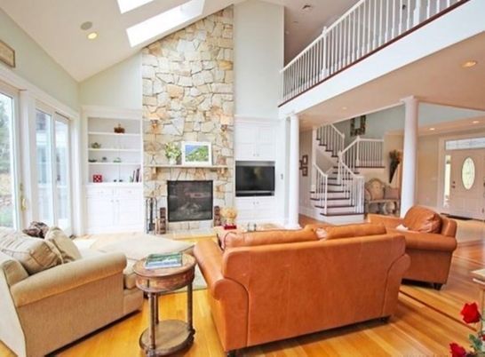 Interior, Wood Texture Flooring, Recessed Lighting, Living room, Fireplace, Stone Walls