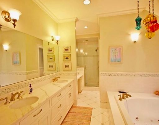 Interior, Bathroom, Recessed Lighting, Glass Shower, Tile Countertops, Ceramic Tile, Dual Sink Vanities