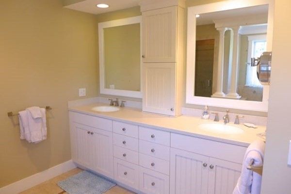 Interior, Bathroom, Recessed Lighting, Ceramic Tile, Dual Sink Vanities