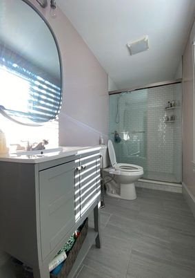 Bathroom, Glass Shower, Interior, Wood Texture Flooring