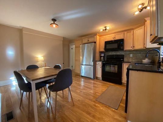Dining room, Interior, Kitchen, Stainless Steel Appliances, Wood Texture Flooring