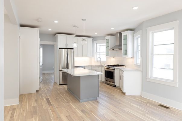 Interior, Kitchen, Pendant Lights, Recessed Lighting, Stainless Steel Appliances, Wood Texture Flooring
