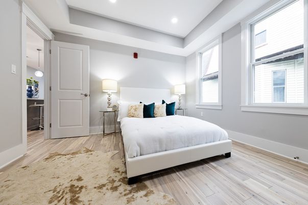 Bedroom, Interior, Pendant Lights, Recessed Lighting, Wood Texture Flooring