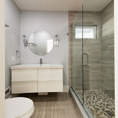 Bathroom, Glass Shower, Interior, Wood Texture Flooring