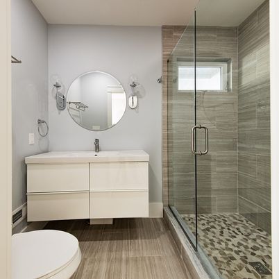 Bathroom, Glass Shower, Interior, Wood Texture Flooring