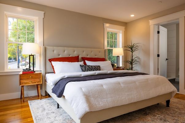 Bedroom, Interior, Recessed Lighting, Wood Texture Flooring