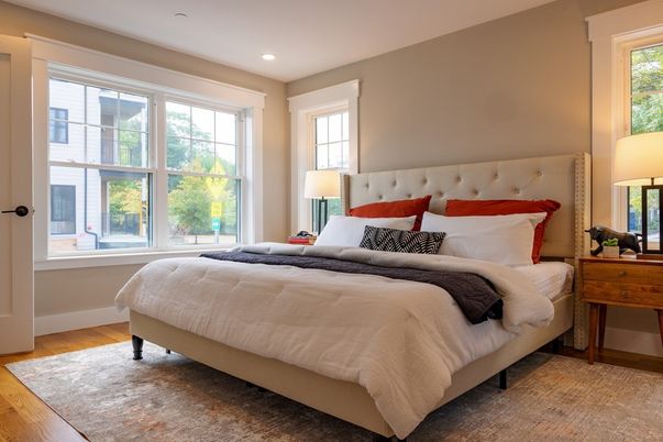 Bedroom, Interior, Recessed Lighting, Wood Texture Flooring
