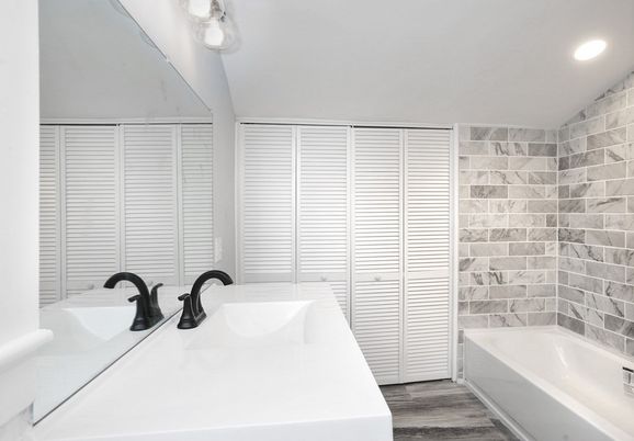 Bathroom, Dual Sink Vanities, Interior, Recessed Lighting, Wood Texture Flooring