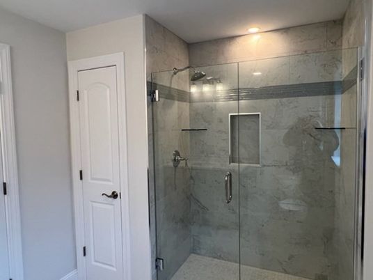 Bathroom, Glass Shower, Interior, Marble Walls, Recessed Lighting