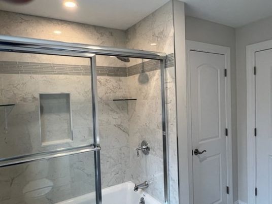 Bathroom, Glass Shower, Interior, Marble Walls, Recessed Lighting