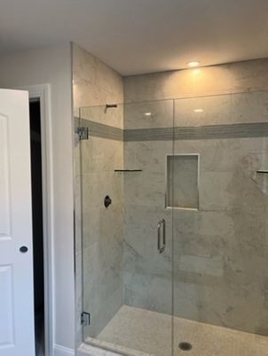Bathroom, Glass Shower, Interior, Marble Walls, Recessed Lighting