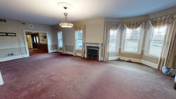 Chandelier, Empty room, Fireplace, Interior