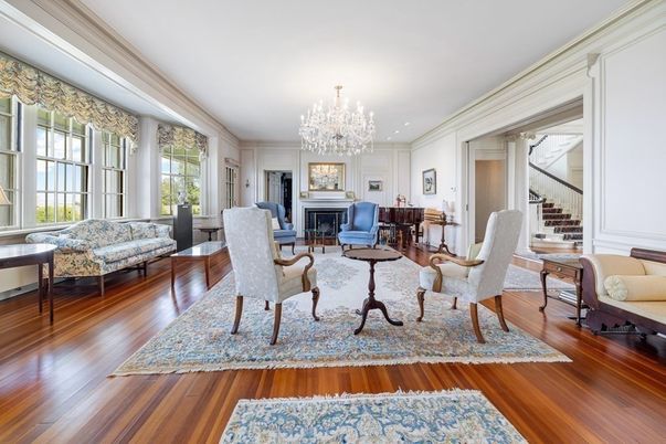 Chandelier, Fireplace, Interior, Living room, Recessed Lighting, Wood Texture Flooring