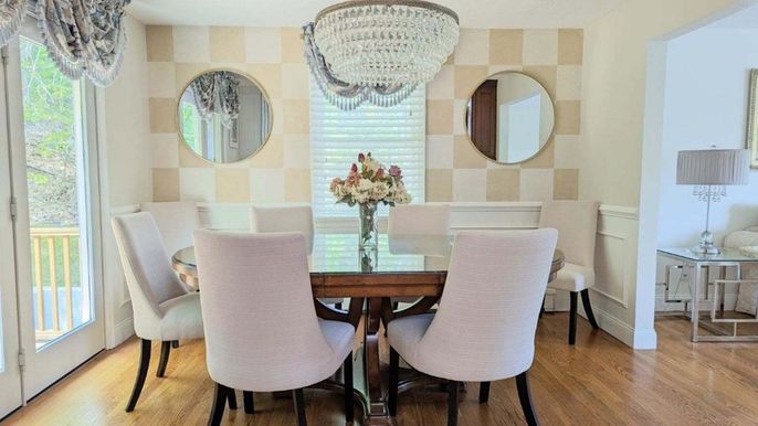 Chandelier, Dining room, Interior, Wood Texture Flooring