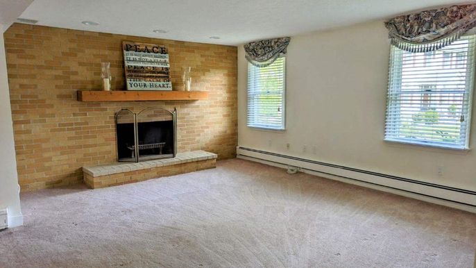 Empty room, Fireplace, Interior, Recessed Lighting, Stone Walls