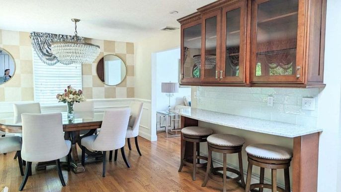 Chandelier, Dining room, Interior, Wood Texture Flooring