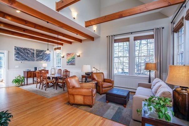 Dining room, Interior, Living room, Pendant Lights, Wooden Beams, Wood Texture Flooring