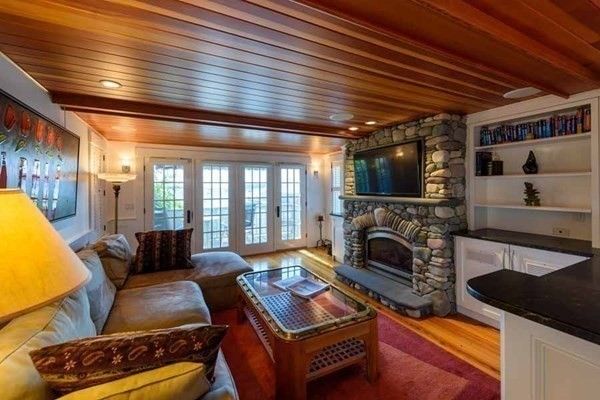 Fireplace, Interior, Living room, Recessed Lighting, Stone Walls, Wooden Ceilings, Wood Texture Flooring