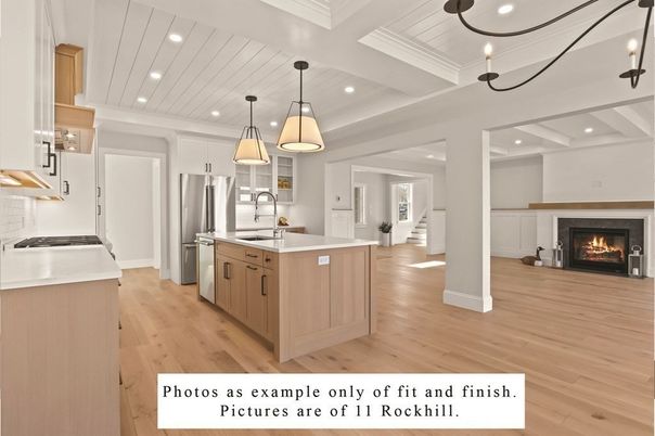 Fireplace, Interior, Kitchen, Pendant Lights, Recessed Lighting, Stainless Steel Appliances, Wood Texture Flooring