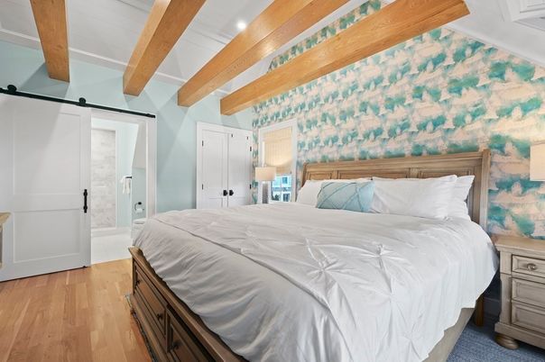 Bedroom, Interior, Recessed Lighting, Wooden Beams, Wood Texture Flooring