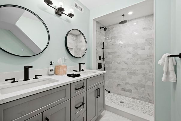 Bathroom, Dual Sink Vanities, Glass Shower, Interior, Marble, Marble Walls, Recessed Lighting
