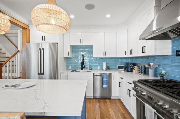 Interior, Kitchen, Pendant Lights, Recessed Lighting, Stainless Steel Appliances, Wood Texture Flooring