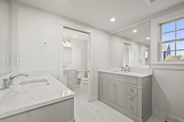 Bathroom, Dual Sink Vanities, Interior, Marble, Recessed Lighting