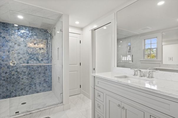 Bathroom, Glass Shower, Interior, Marble, Recessed Lighting
