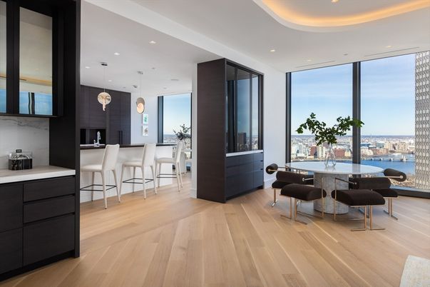 Dining room, Interior, Kitchen, Marble Walls, Pendant Lights, Recessed Lighting, Water, Wood Texture Flooring