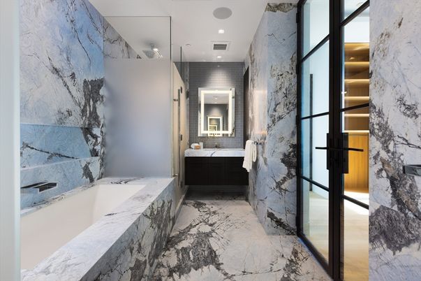 Bathroom, Dual Sink Vanities, Interior, Marble, Marble Walls, Recessed Lighting