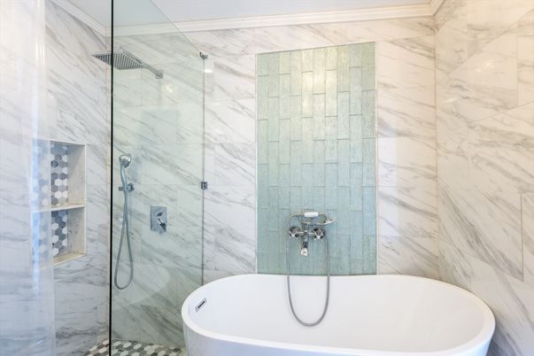 Bathroom, Free Standing Baths, Glass Shower, Interior, Marble Walls