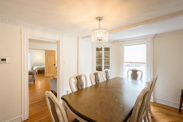 Chandelier, Dining room, Interior, Wood Texture Flooring