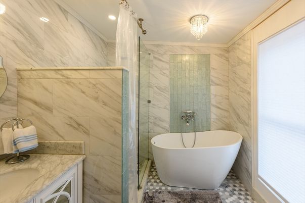 Bathroom, Free Standing Baths, Glass Shower, Interior, Marble Walls, Recessed Lighting