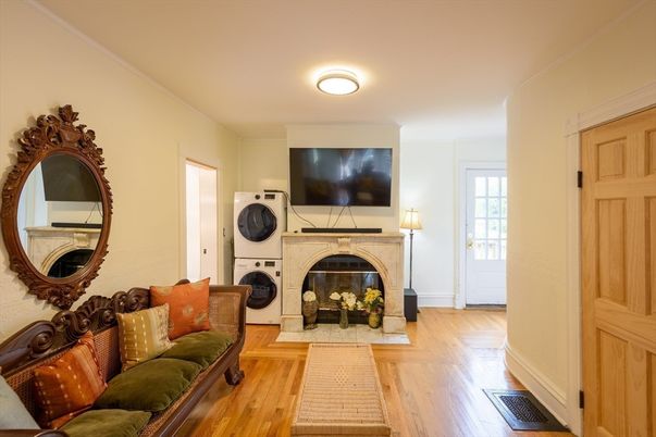 Fireplace, Interior, Living room, Washer, Wood Texture Flooring