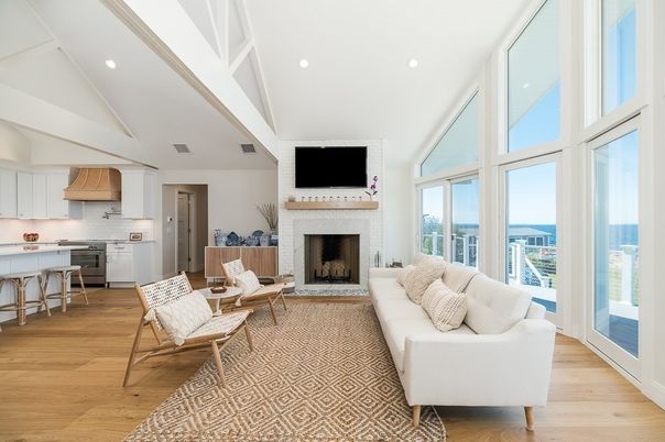 Fireplace, Interior, Kitchen, Living room, Recessed Lighting, Wood Texture Flooring