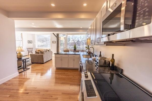 Interior, Kitchen, Living room, Recessed Lighting, Stainless Steel Appliances, Wood Texture Flooring