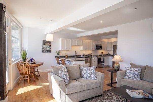 Dining room, Interior, Kitchen, Living room, Pendant Lights, Recessed Lighting, Stainless Steel Appliances, Wood Texture Flooring