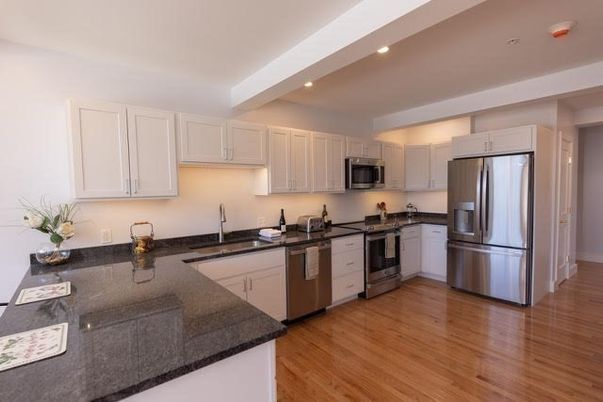 Interior, Kitchen, Recessed Lighting, Stainless Steel Appliances, Wood Texture Flooring