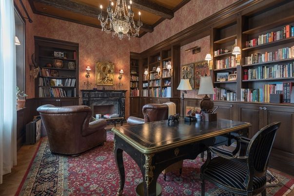 Chandelier, Fireplace, Home Office, Interior, Wooden Beams, Wood Texture Flooring